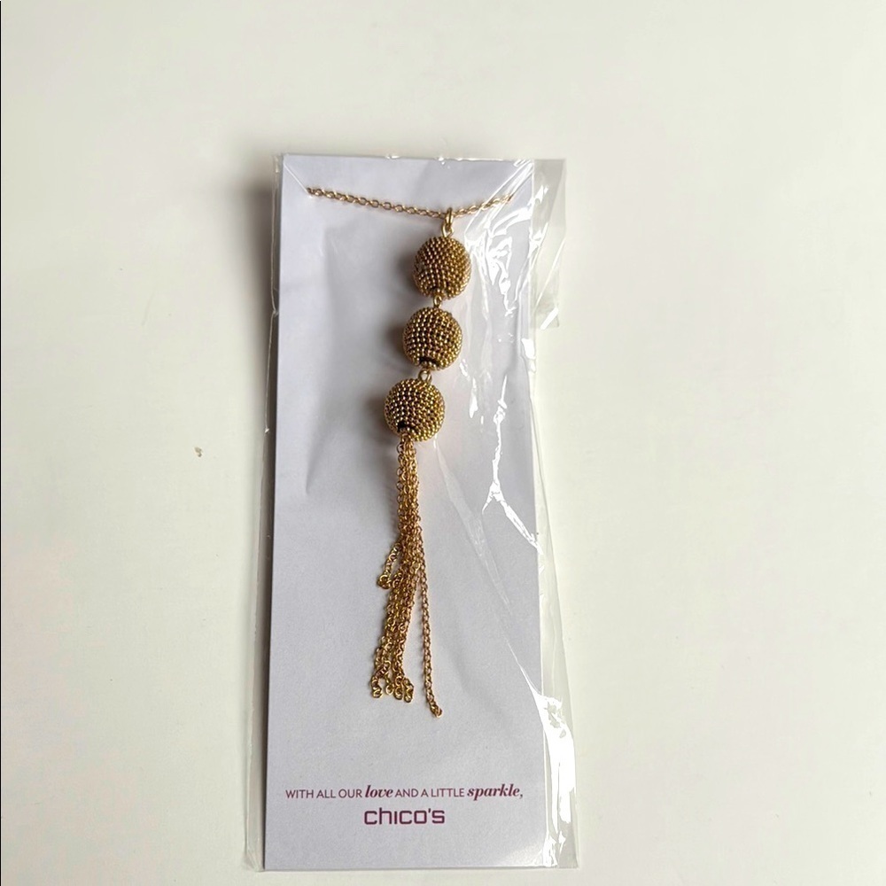 NWT Chico's Adjustable Length Gold Beaded Tassel Necklace